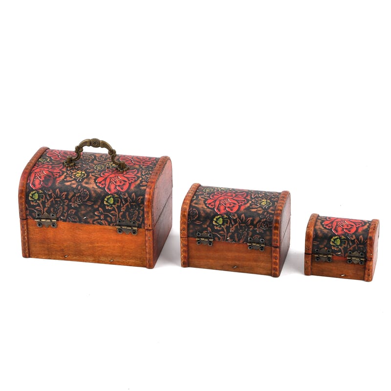 Livmore Red and Yellow Flower Embossed Set of 3 Treasure Box