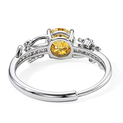 Yellow Moissanite and Simulated Diamond 1.20 ctw Vine Ring in Silvertone (Adjustable)