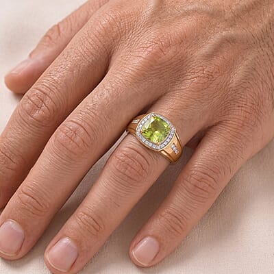 D'Joy Hebei Peridot and White Zircon Men's 2.85 ctw Ring in 18K Vermeil Yellow Gold Over Sterling Silver (Size 9.0)