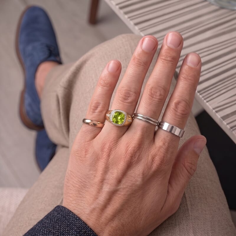 D'Joy Hebei Peridot and White Zircon Men's 2.85 ctw Ring in 18K Vermeil Yellow Gold Over Sterling Silver (Size 9.0)