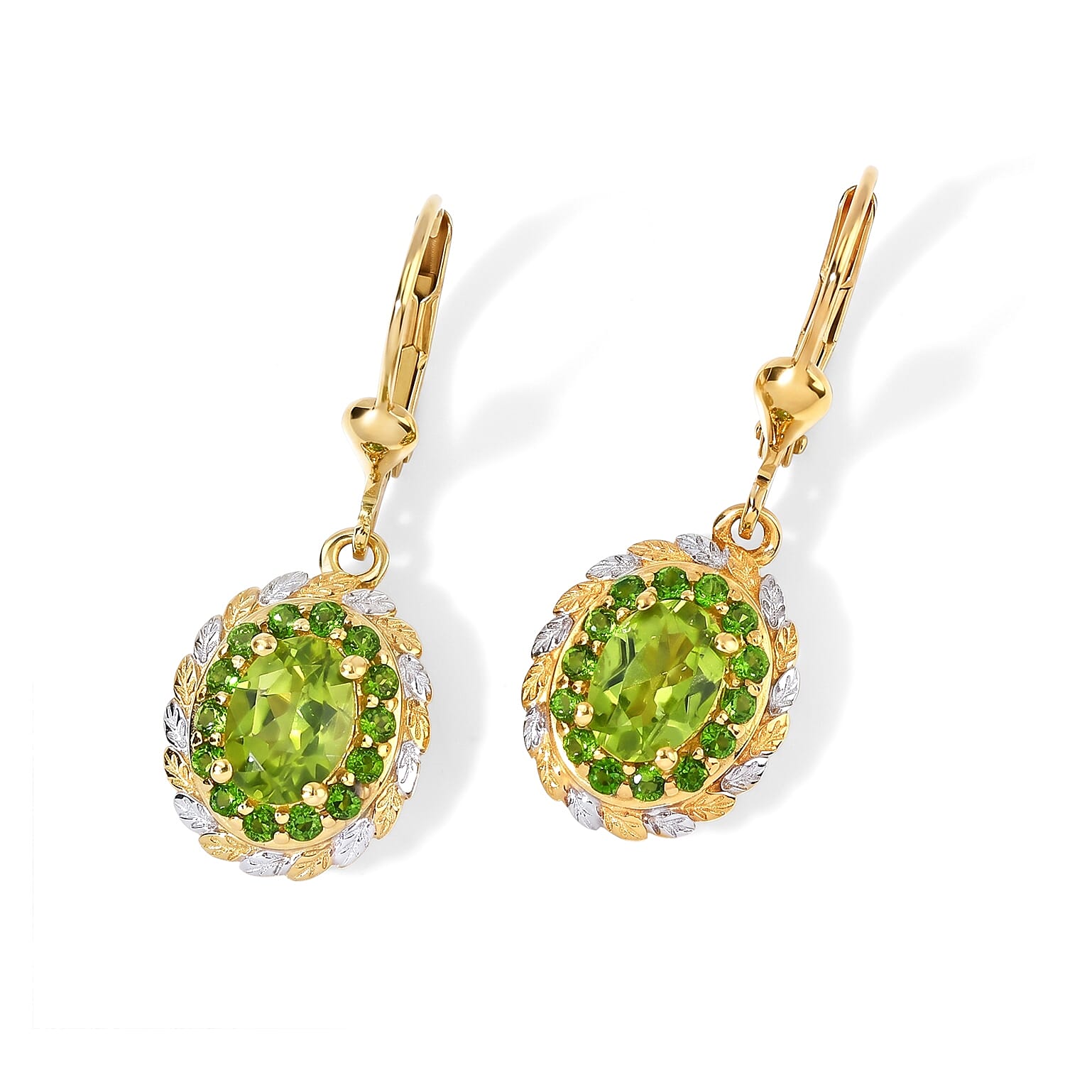 D'Joy Hebei Peridot and Chrome Diopside 2.00 ctw Earrings in Rhodium and 18K Vermeil Yellow Gold Over Sterling Silver