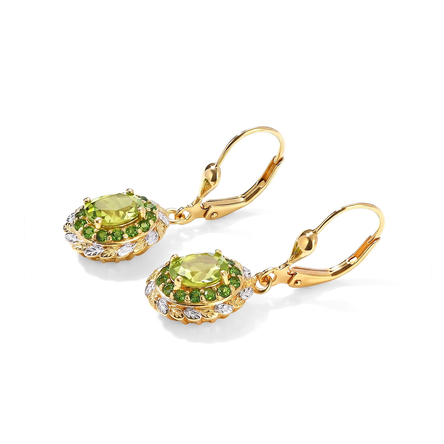 D'Joy Hebei Peridot and Chrome Diopside 2.00 ctw Earrings in Rhodium and 18K Vermeil Yellow Gold Over Sterling Silver