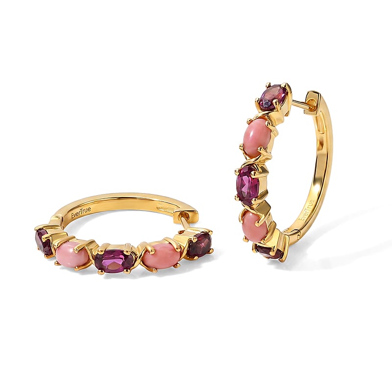 EverTrue Oregon Peach Opal and Orissa Rhodolite Garnet 2.50 ctw Hoop Earrings in 18K YG Plated