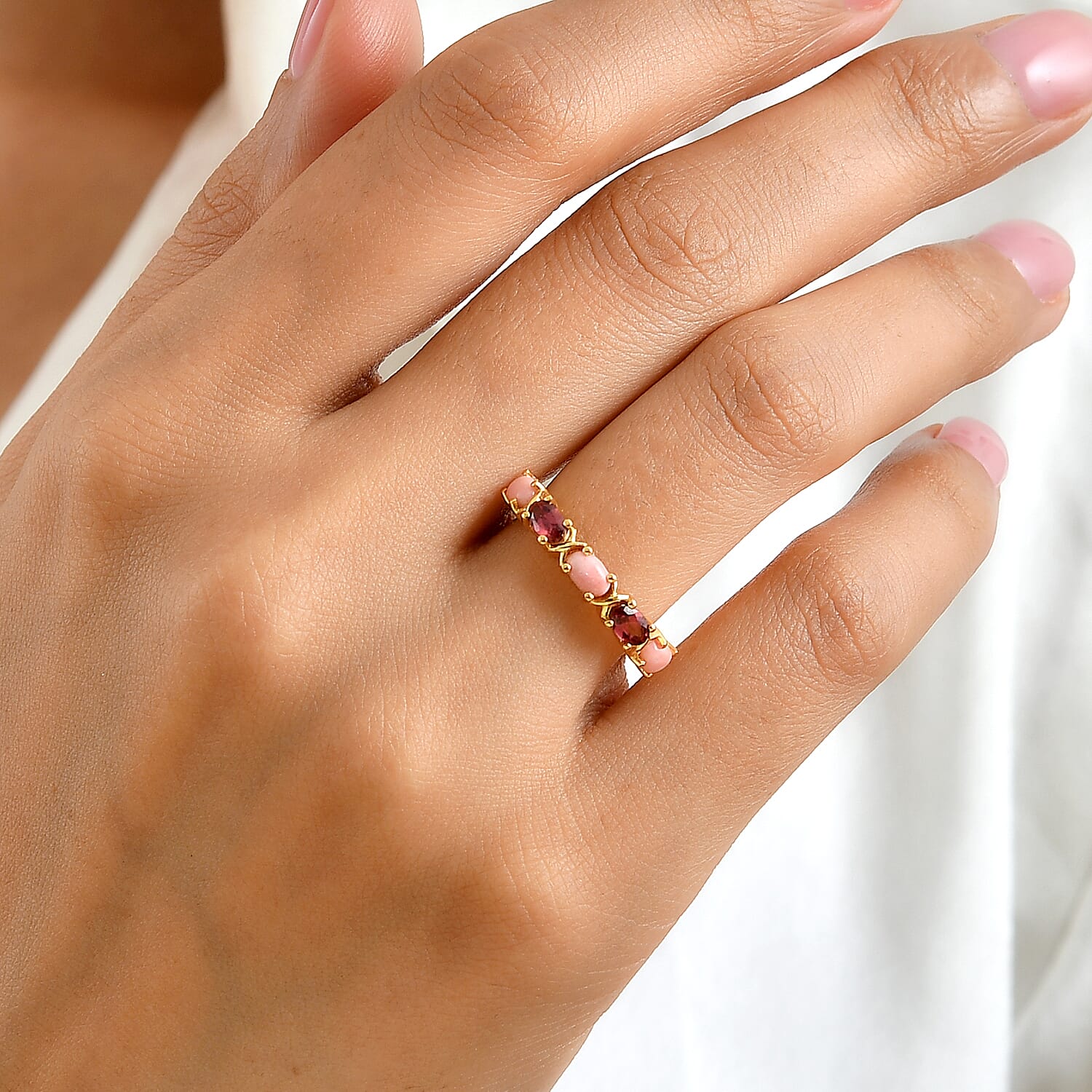 EverTrue Oregon Peach Opal and Orissa Rhodolite Garnet 1.25 ctw Band Ring in 18K YG Plated (Size 5.0)