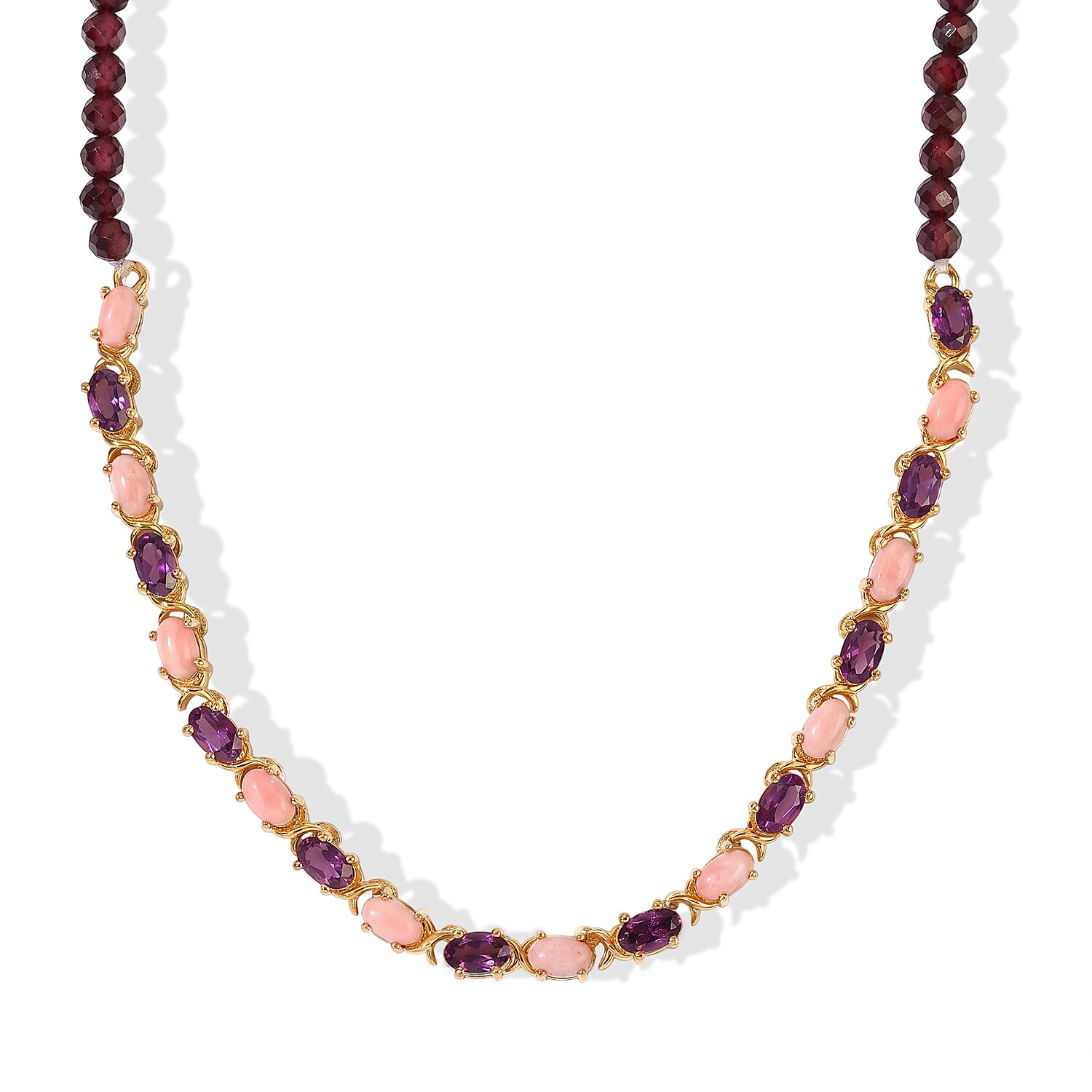 EverTrue Oregon Peach Opal and Orissa Rhodolite Garnet 41.90 ctw Necklace (18 Inches) in 18K YG Plated