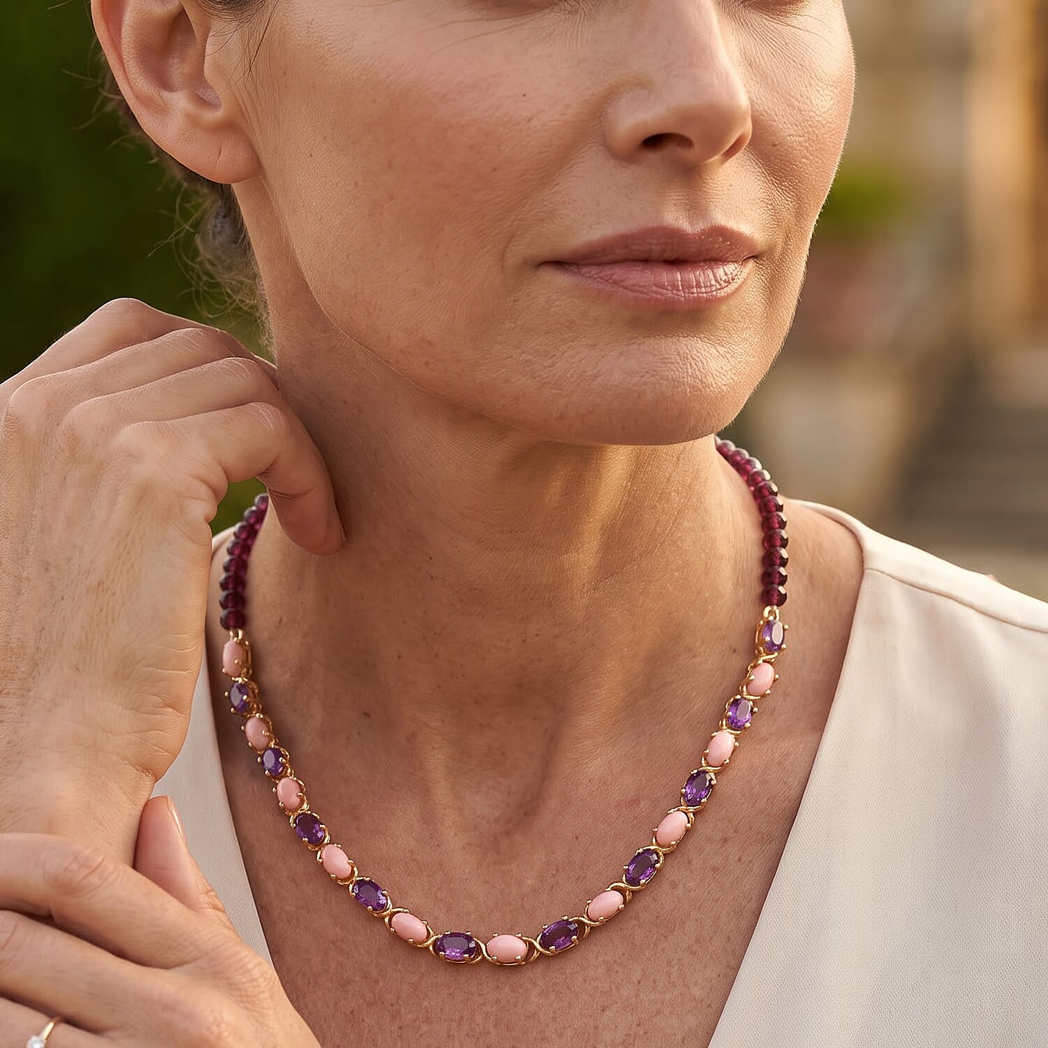 EverTrue Oregon Peach Opal and Orissa Rhodolite Garnet 41.90 ctw Necklace (18 Inches) in 18K YG Plated