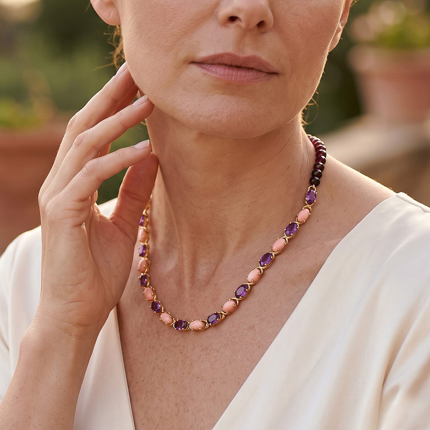 EverTrue Oregon Peach Opal and Orissa Rhodolite Garnet 41.90 ctw Necklace (18 Inches) in 18K YG Plated