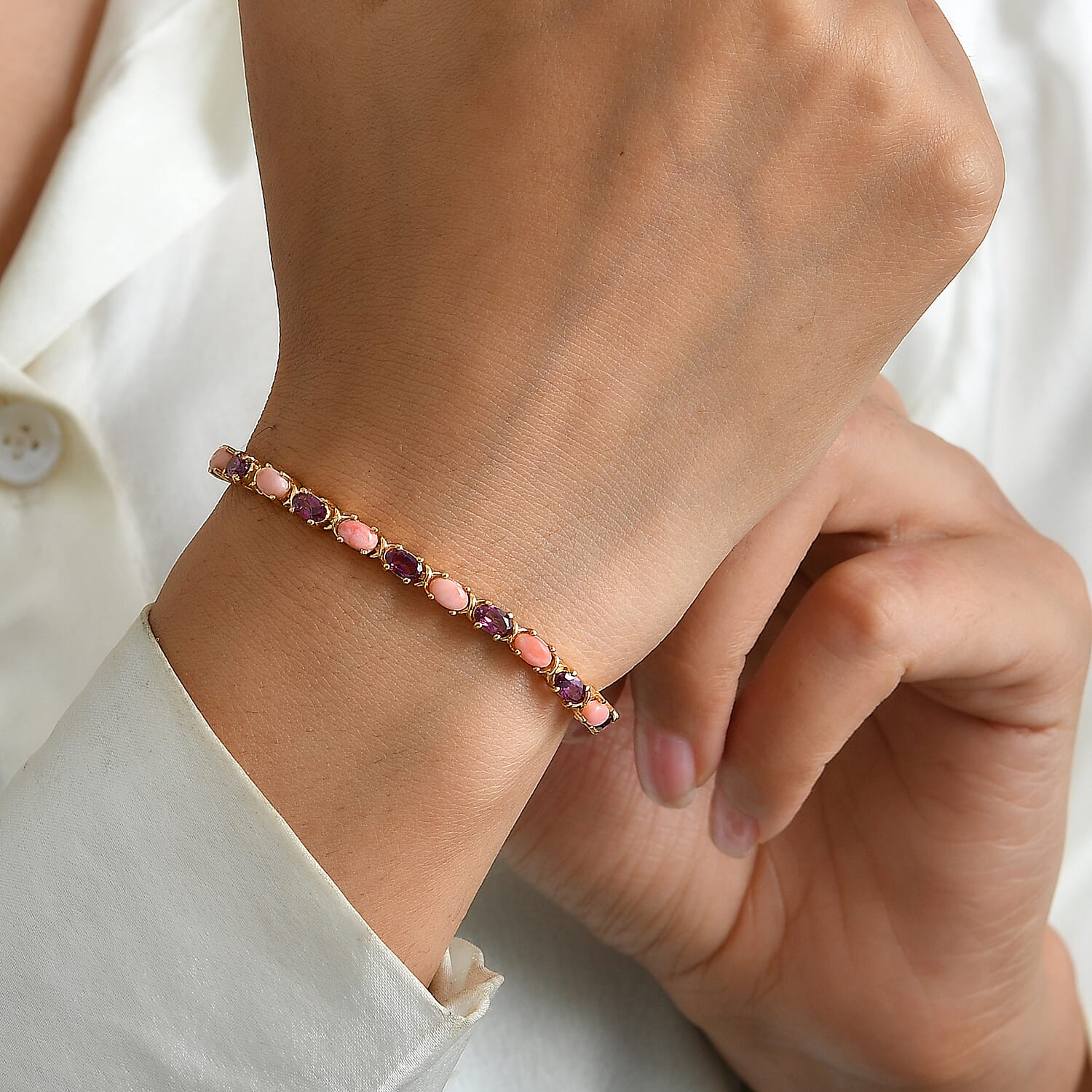 EverTrue Oregon Peach Opal and Orissa Rhodolite Garnet 6.35 ctw Bracelet in 18K YG Plated (6.50 In)