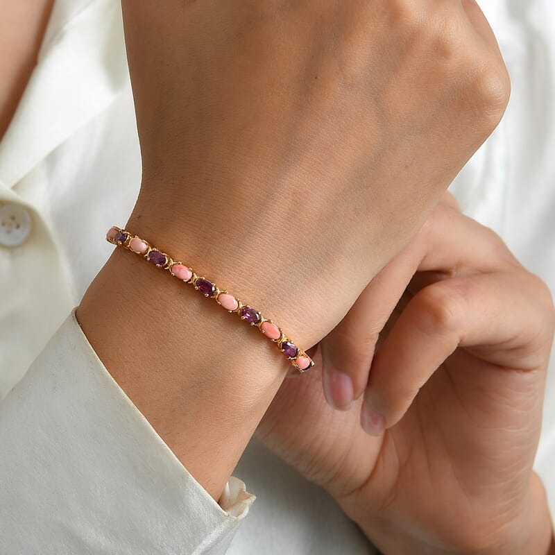 EverTrue Oregon Peach Opal and Orissa Rhodolite Garnet 6.35 ctw Bracelet in 18K YG Plated (6.50 In)