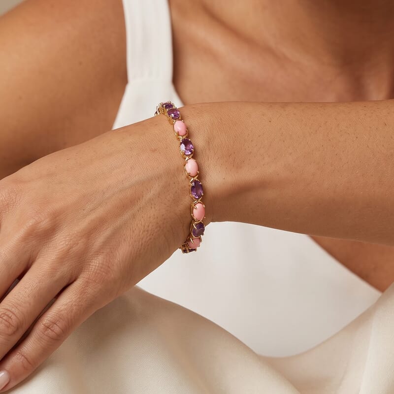 EverTrue Oregon Peach Opal and Orissa Rhodolite Garnet 6.35 ctw Bracelet in 18K YG Plated (6.50 In)