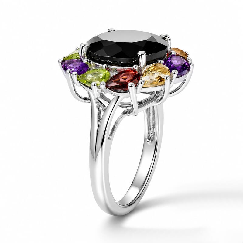 EverTrue Thai Black Spinel and Multi Gemstone 7.50 ctw Rainbow Eclipse Ring in Platinum Bond (Size 5.0)