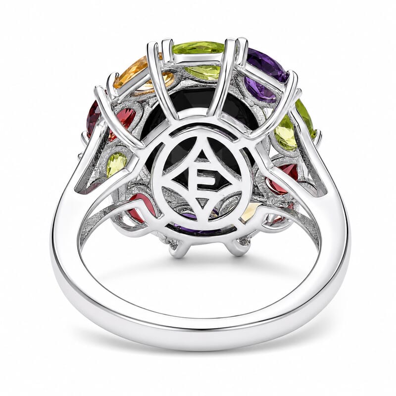 EverTrue Thai Black Spinel and Multi Gemstone 7.50 ctw Rainbow Eclipse Ring in Platinum Bond (Size 5.0)