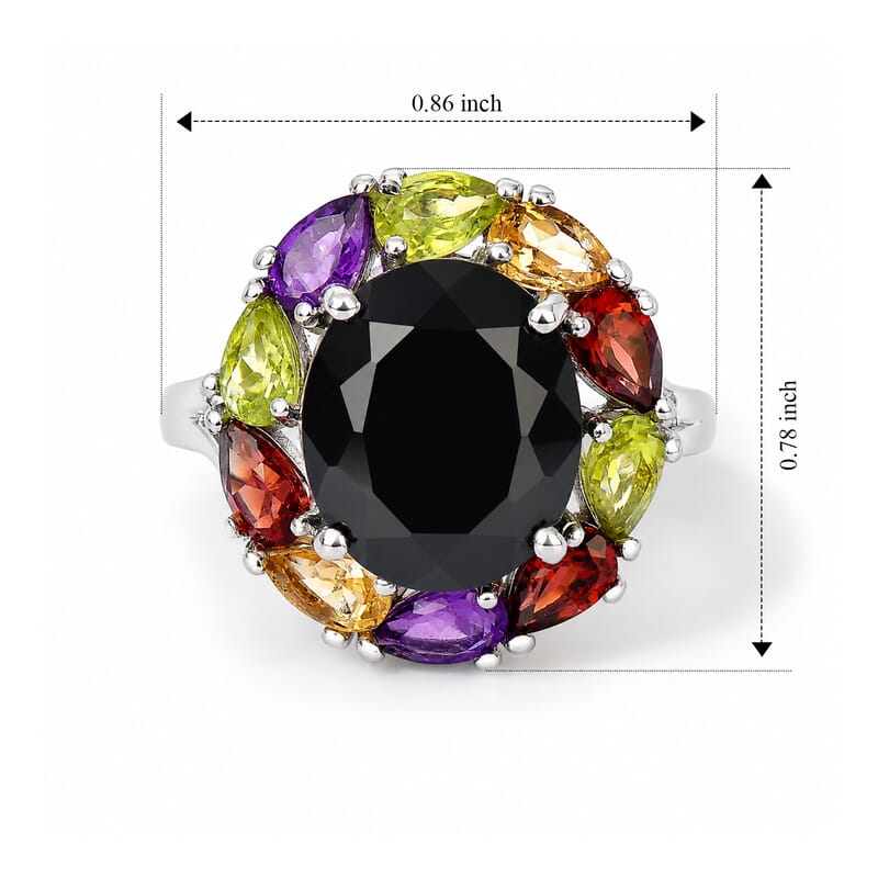 EverTrue Thai Black Spinel and Multi Gemstone 7.50 ctw Rainbow Eclipse Ring in Platinum Bond (Size 5.0)