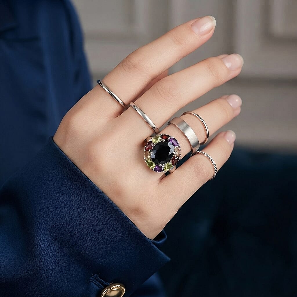 EverTrue Thai Black Spinel and Multi Gemstone 7.50 ctw Rainbow Eclipse Ring in Platinum Bond (Size 6.0)