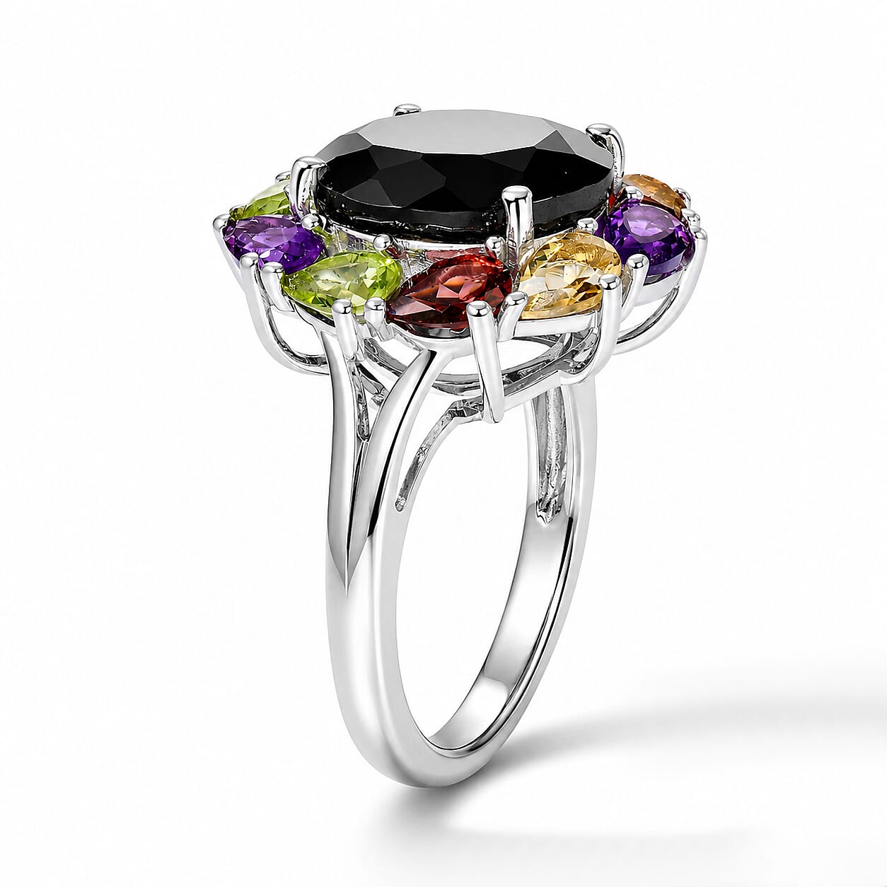 EverTrue Thai Black Spinel and Multi Gemstone 7.50 ctw Rainbow Eclipse Ring in Platinum Bond (Size 6.0)