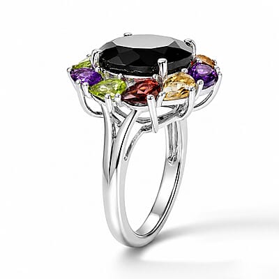 EverTrue Thai Black Spinel and Multi Gemstone 7.50 ctw Rainbow Eclipse Ring in Platinum Bond (Size 6.0)