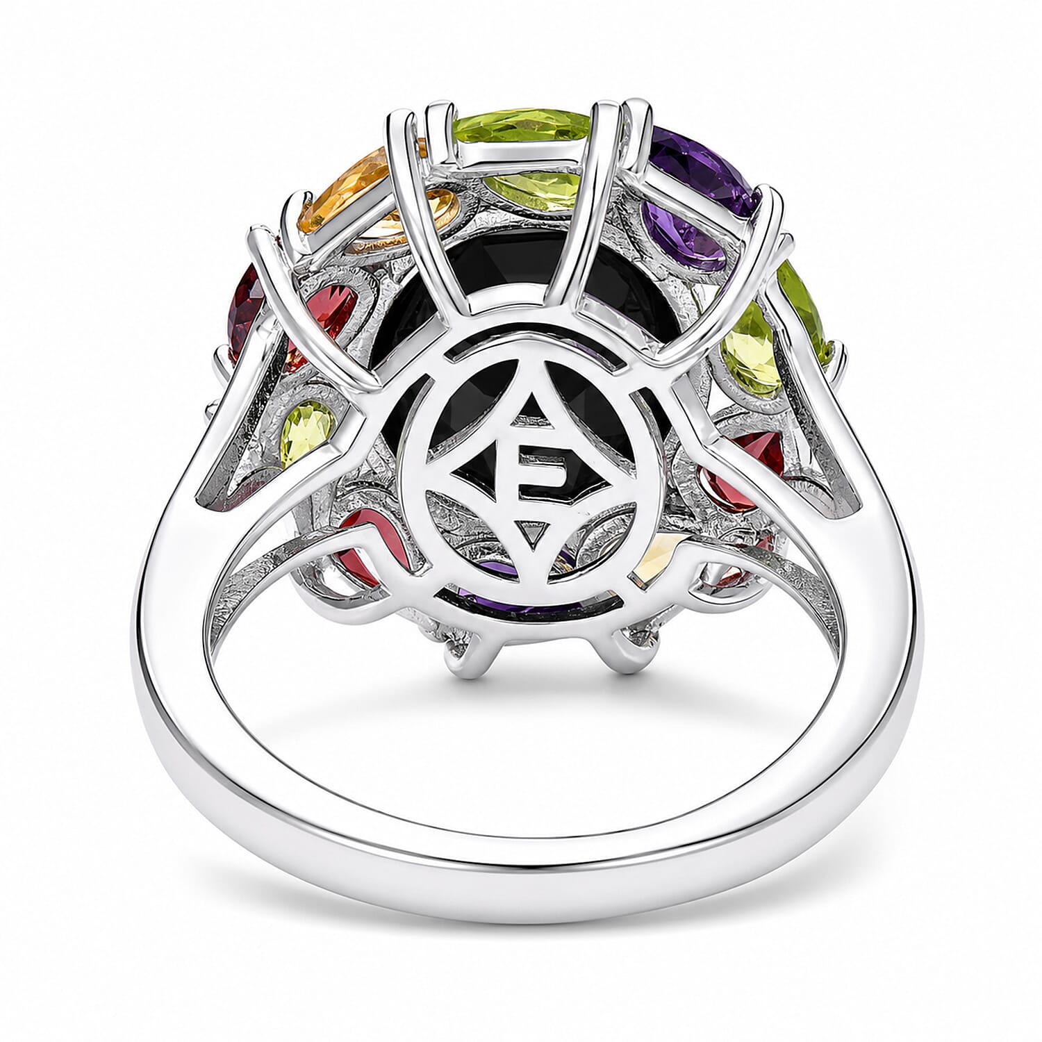 EverTrue Thai Black Spinel and Multi Gemstone 7.50 ctw Rainbow Eclipse Ring in Platinum Bond (Size 6.0)