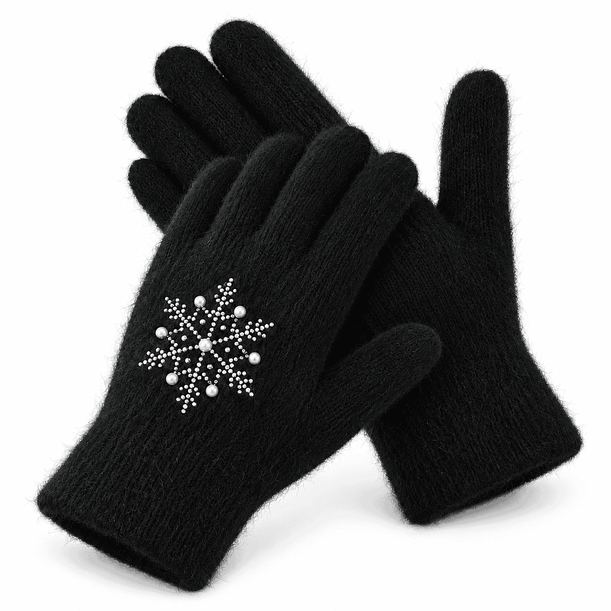 La Marey Black Snowflake Pattern Rabbit Hair Gloves with Touch Screen Function on Thumb and Index Finger
