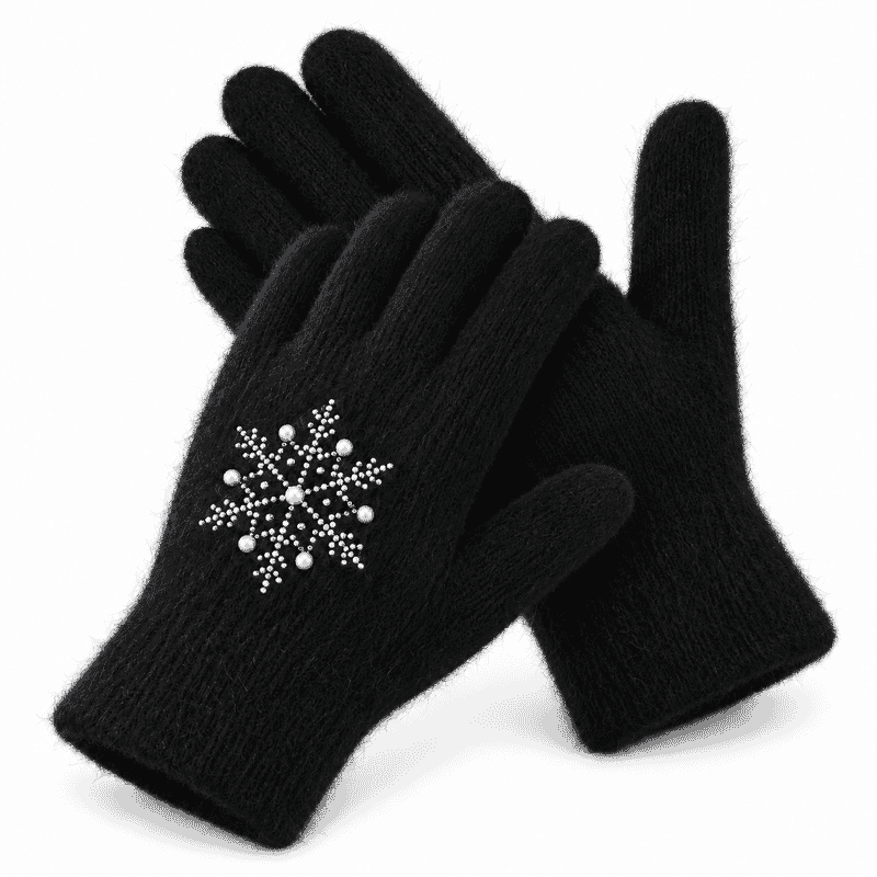 La Marey Black Snowflake Pattern Rabbit Hair Gloves with Touch Screen Function on Thumb and Index Finger