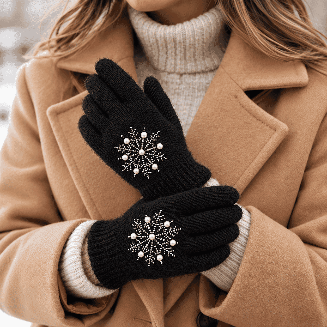 La Marey Black Snowflake Pattern Rabbit Hair Gloves with Touch Screen Function on Thumb and Index Finger
