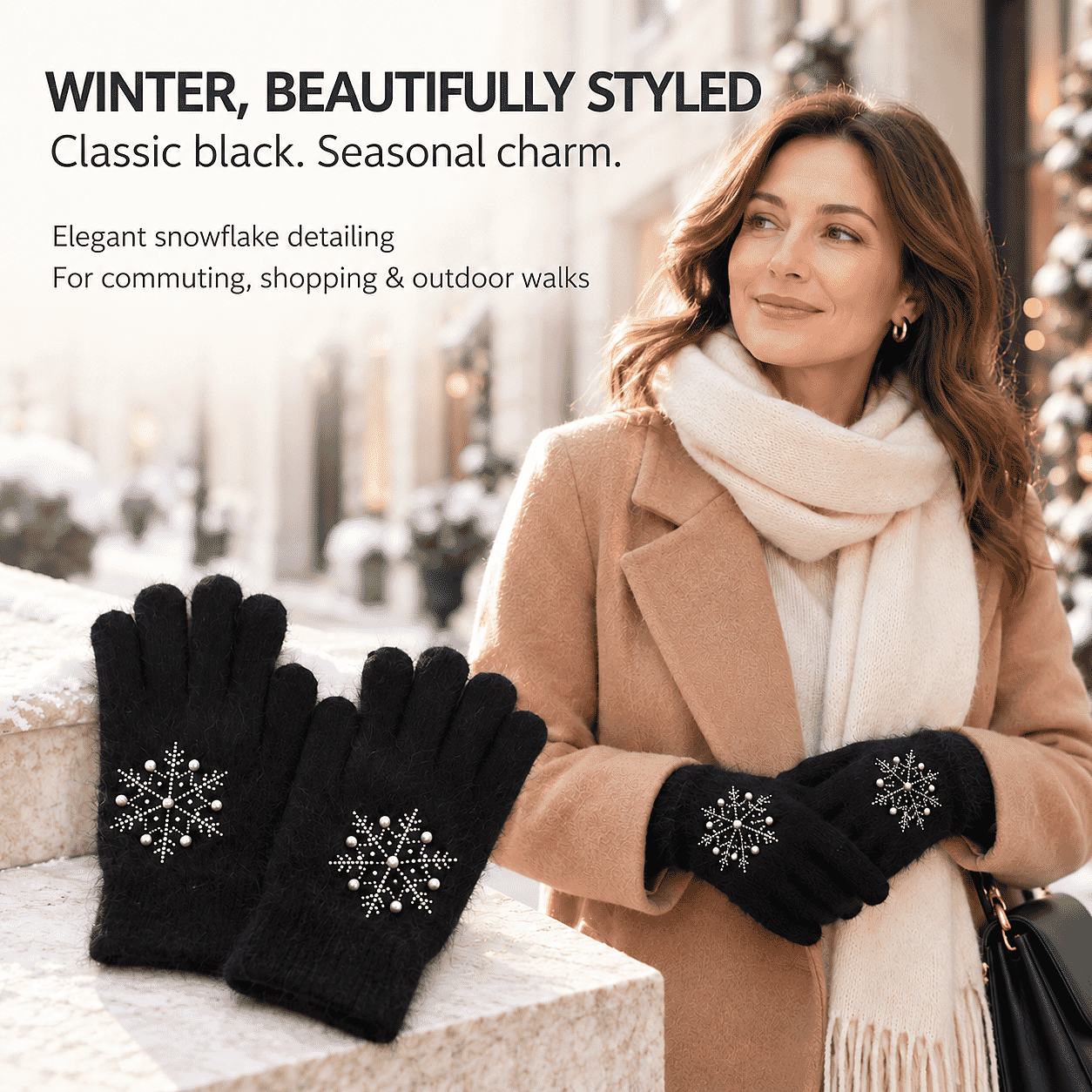 La Marey Black Snowflake Pattern Rabbit Hair Gloves with Touch Screen Function on Thumb and Index Finger