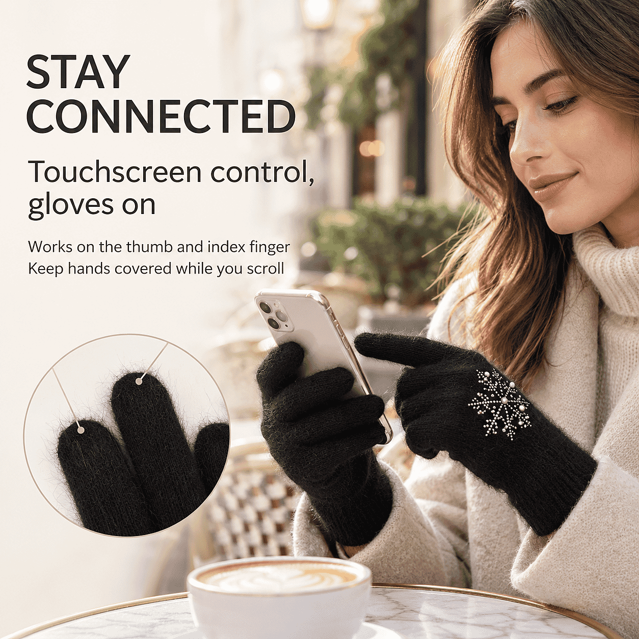 La Marey Black Snowflake Pattern Rabbit Hair Gloves with Touch Screen Function on Thumb and Index Finger