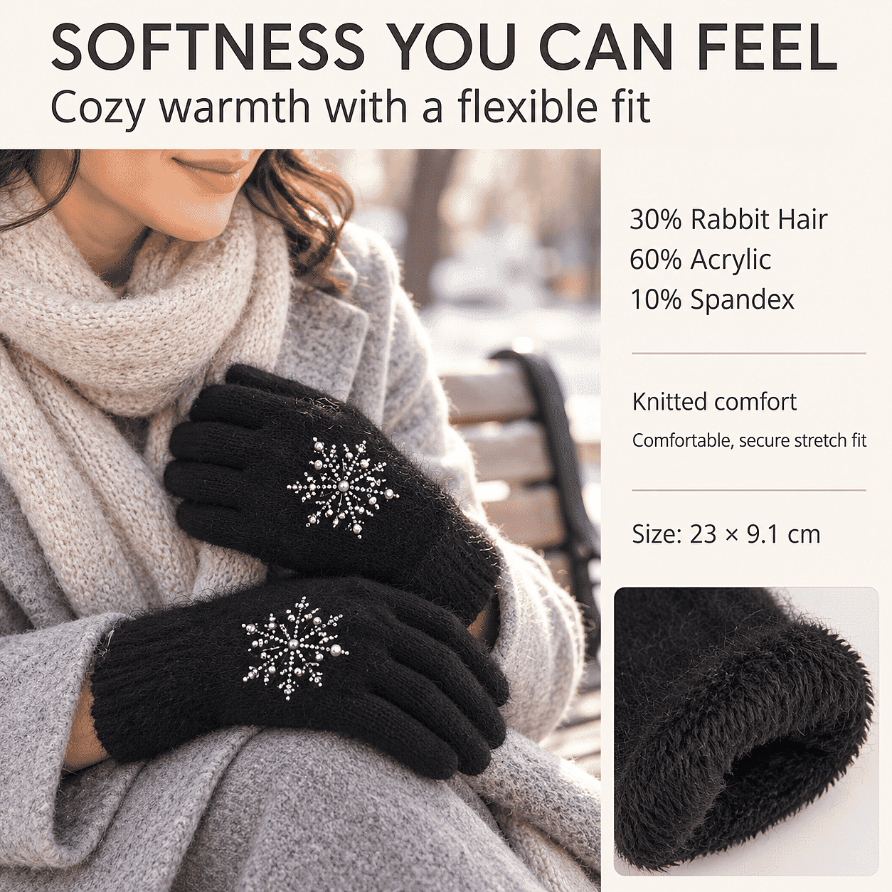 La Marey Black Snowflake Pattern Rabbit Hair Gloves with Touch Screen Function on Thumb and Index Finger