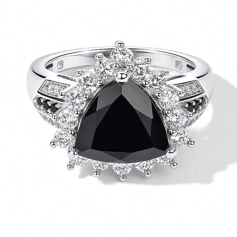 EverTrue Thai Black Spinel and White Zircon 5.30 ctw Trillion Majesty Ring in Platinum Bond (Size 6.0)