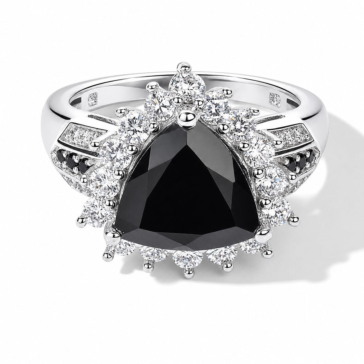 EverTrue Thai Black Spinel and White Zircon 5.30 ctw Trillion Majesty Ring in Platinum Bond (Size 6.0)