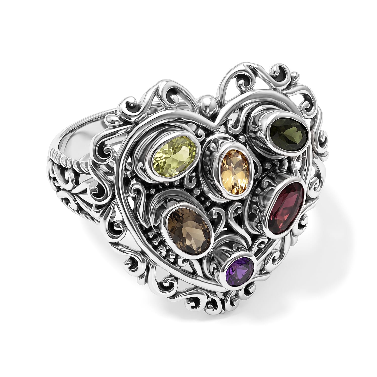 D'Joy Bali Legacy Multi-Tourmaline 1.20 ctw Rainbow Blossom Heart Ring in Sterling Silver (Size 5.0)