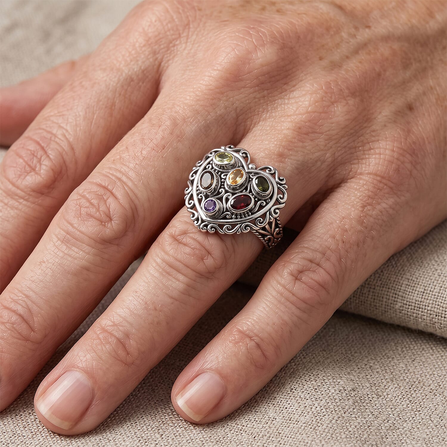 D'Joy Bali Legacy Multi-Tourmaline 1.20 ctw Rainbow Blossom Heart Ring in Sterling Silver (Size 5.0)