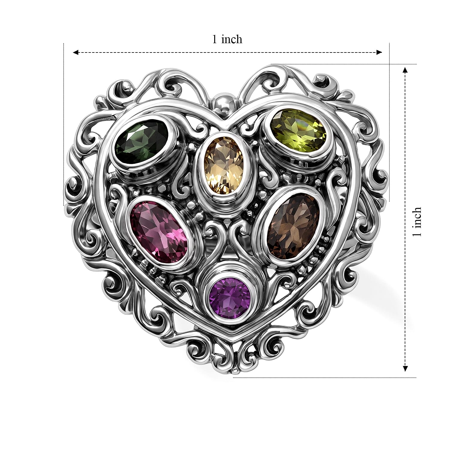 D'Joy Bali Legacy Multi-Tourmaline 1.20 ctw Rainbow Blossom Heart Ring in Sterling Silver (Size 5.0)