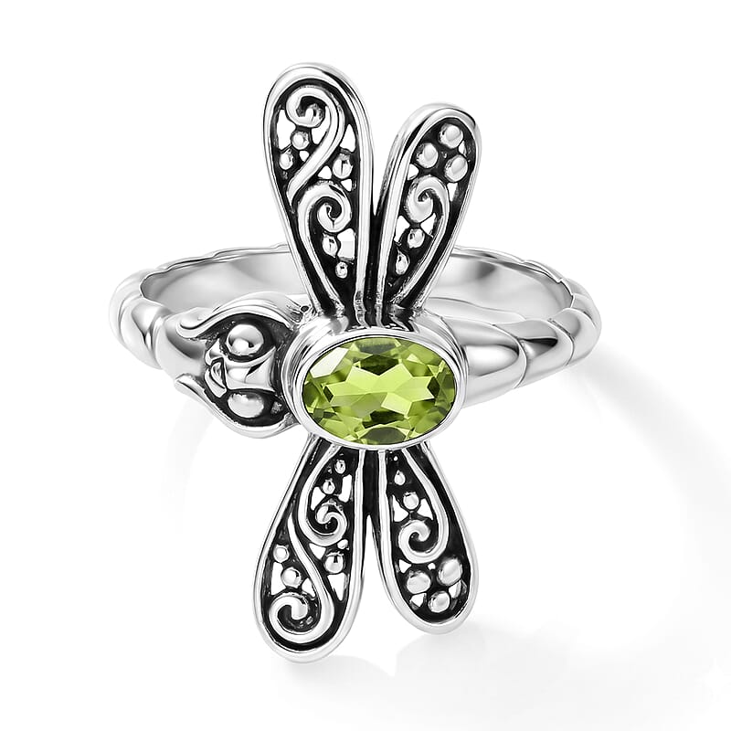 D'Joy Bali Legacy Hebei Peridot 0.80 ctw Dragonfly Ring in Sterling Silver (Size 5.0)