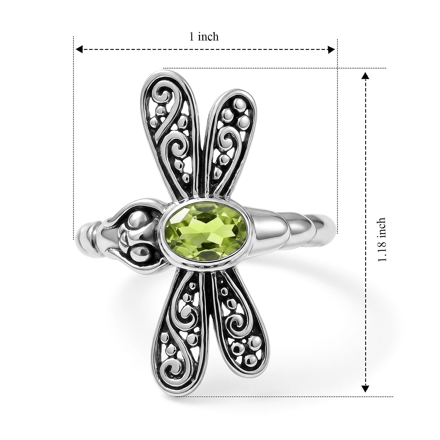 D'Joy Bali Legacy Hebei Peridot 0.80 ctw Dragonfly Ring in Sterling Silver (Size 5.0)