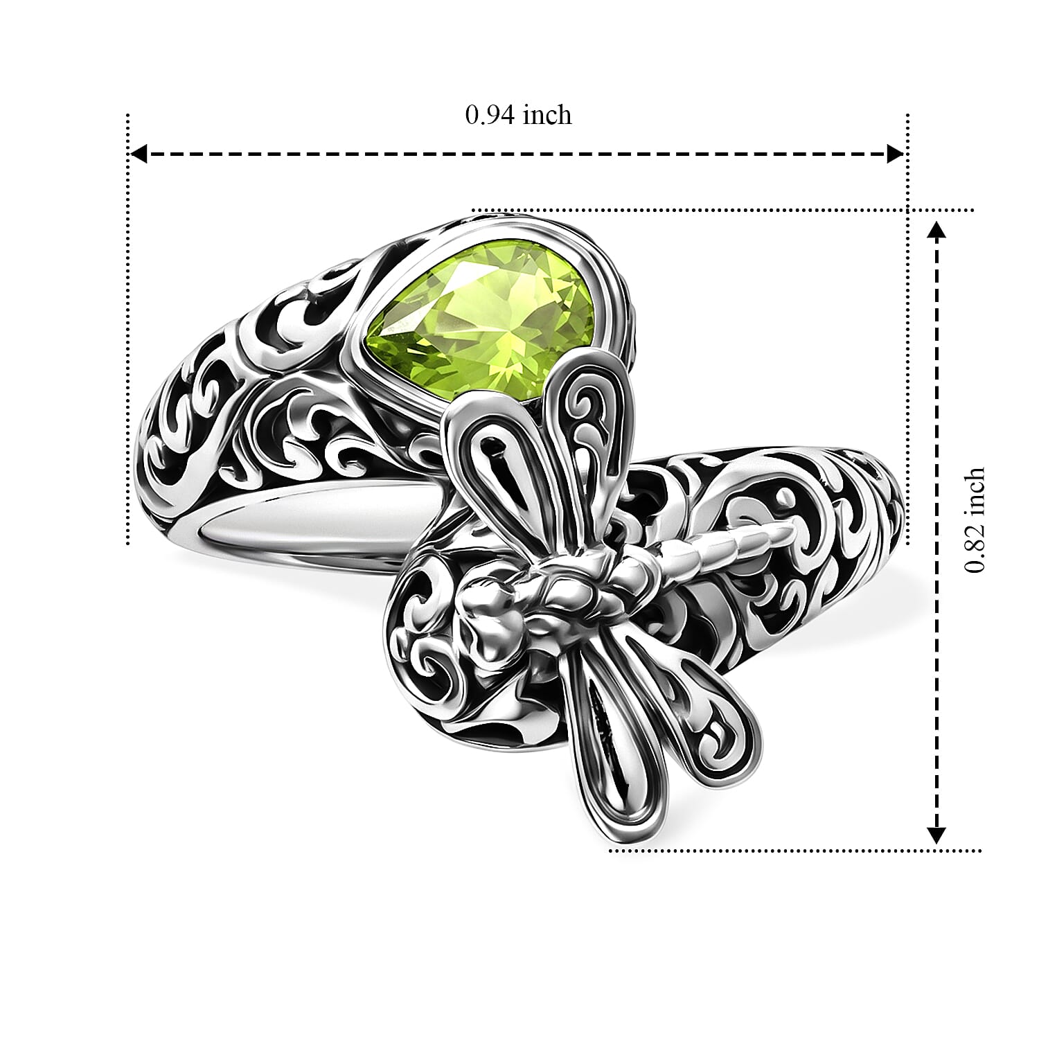 D'Joy Bali Legacy Hebei Peridot 0.75 ctw Dragonfly Ring in Sterling Silver (Size 5.0)