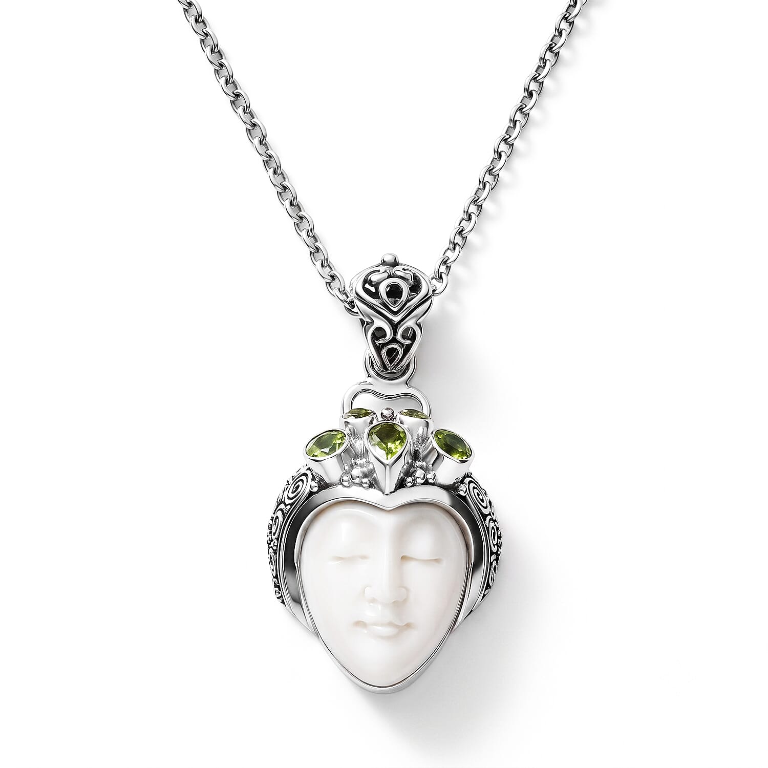 D'Joy Bali Goddess Carved Bone and Hebei Peridot 1.25 ctw Pendant without Chain in Sterling Silver