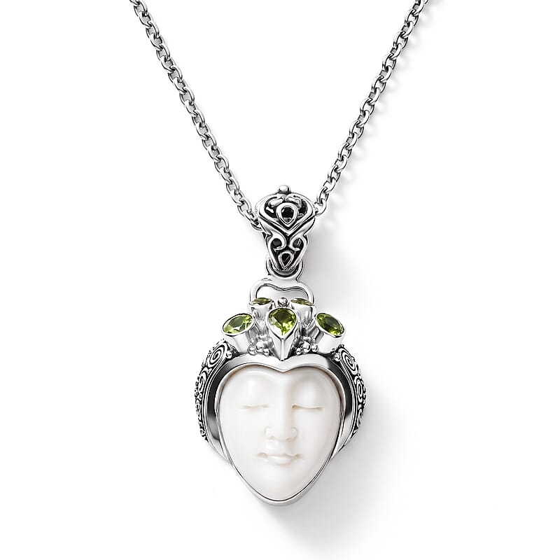 D'Joy Bali Goddess Carved Bone and Hebei Peridot 1.25 ctw Pendant without Chain in Sterling Silver