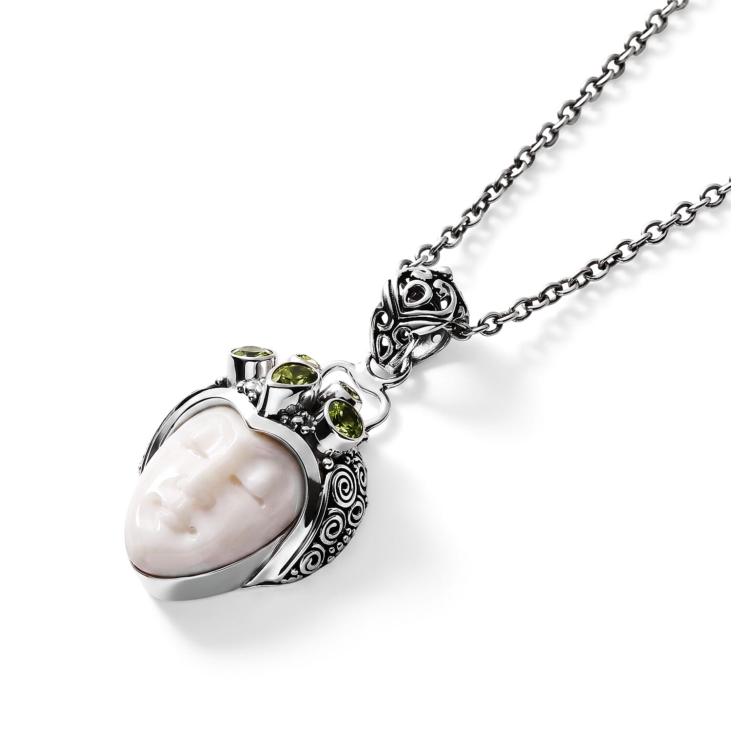 D'Joy Bali Goddess Carved Bone and Hebei Peridot 1.25 ctw Pendant without Chain in Sterling Silver