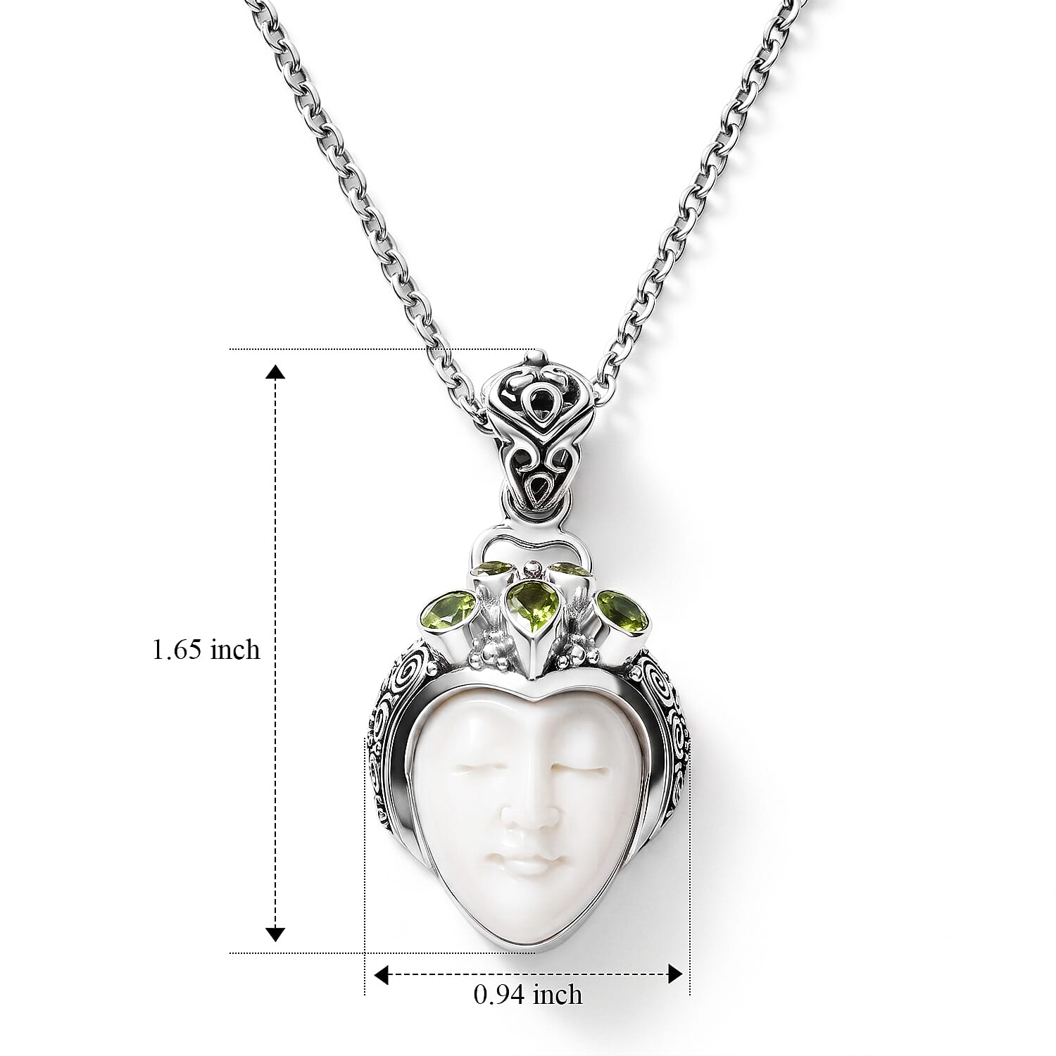 D'Joy Bali Goddess Carved Bone and Hebei Peridot 1.25 ctw Pendant without Chain in Sterling Silver