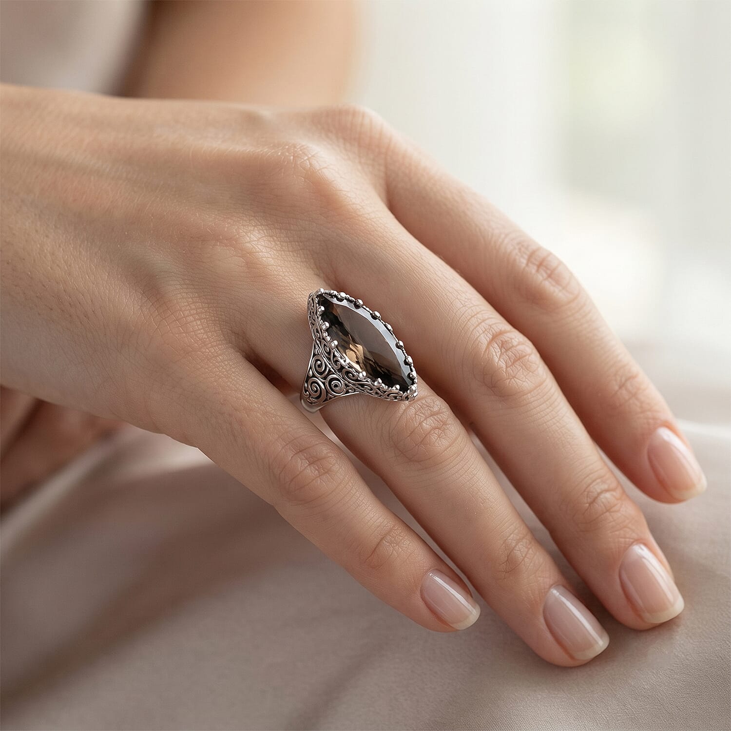 Sajen Silver Celestial Smoky Quartz 11.90 ctw Doublet Ring in Platinum Over Sterling Silver (Size 8.0)