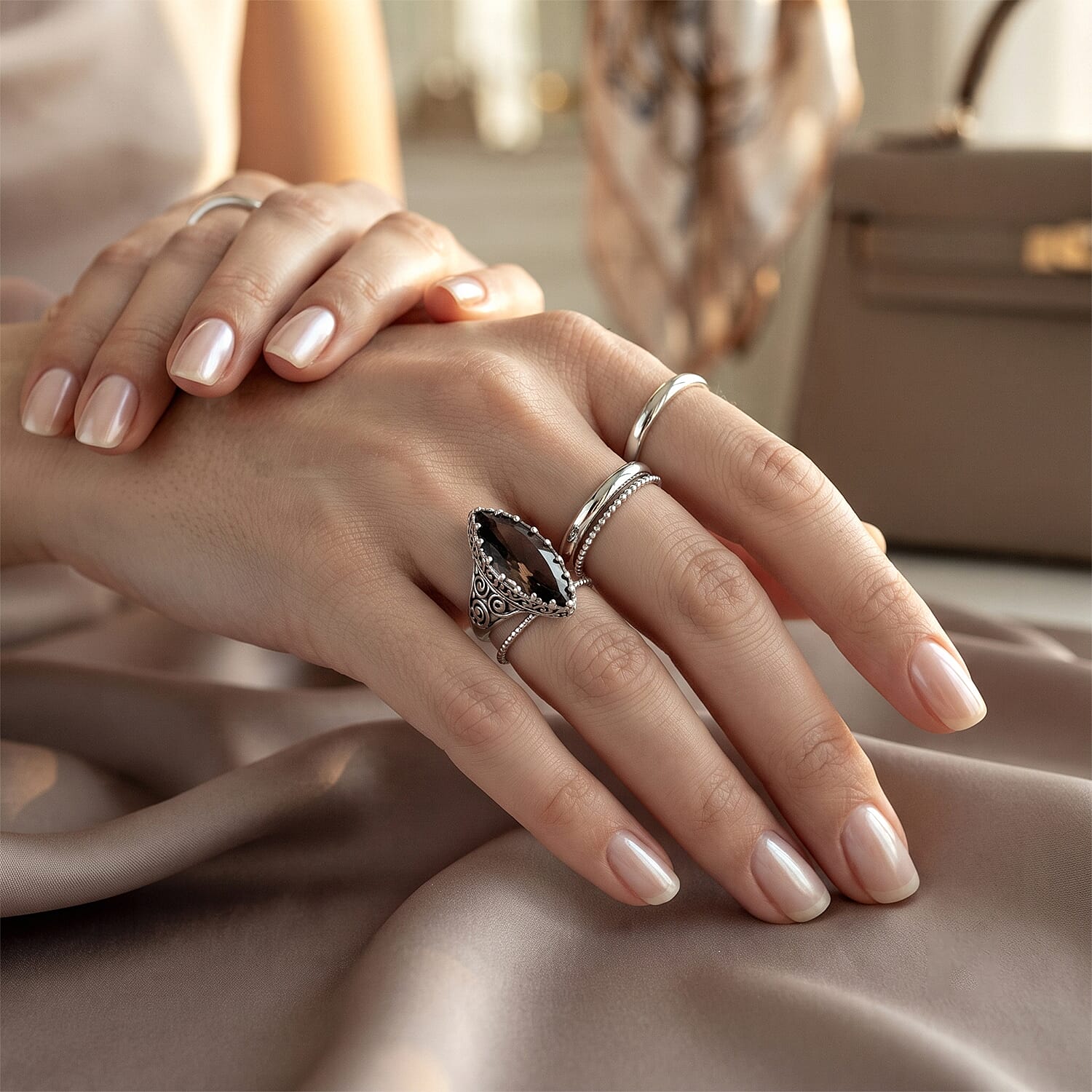 Sajen Silver Celestial Smoky Quartz 11.90 ctw Doublet Ring in Platinum Over Sterling Silver (Size 8.0)