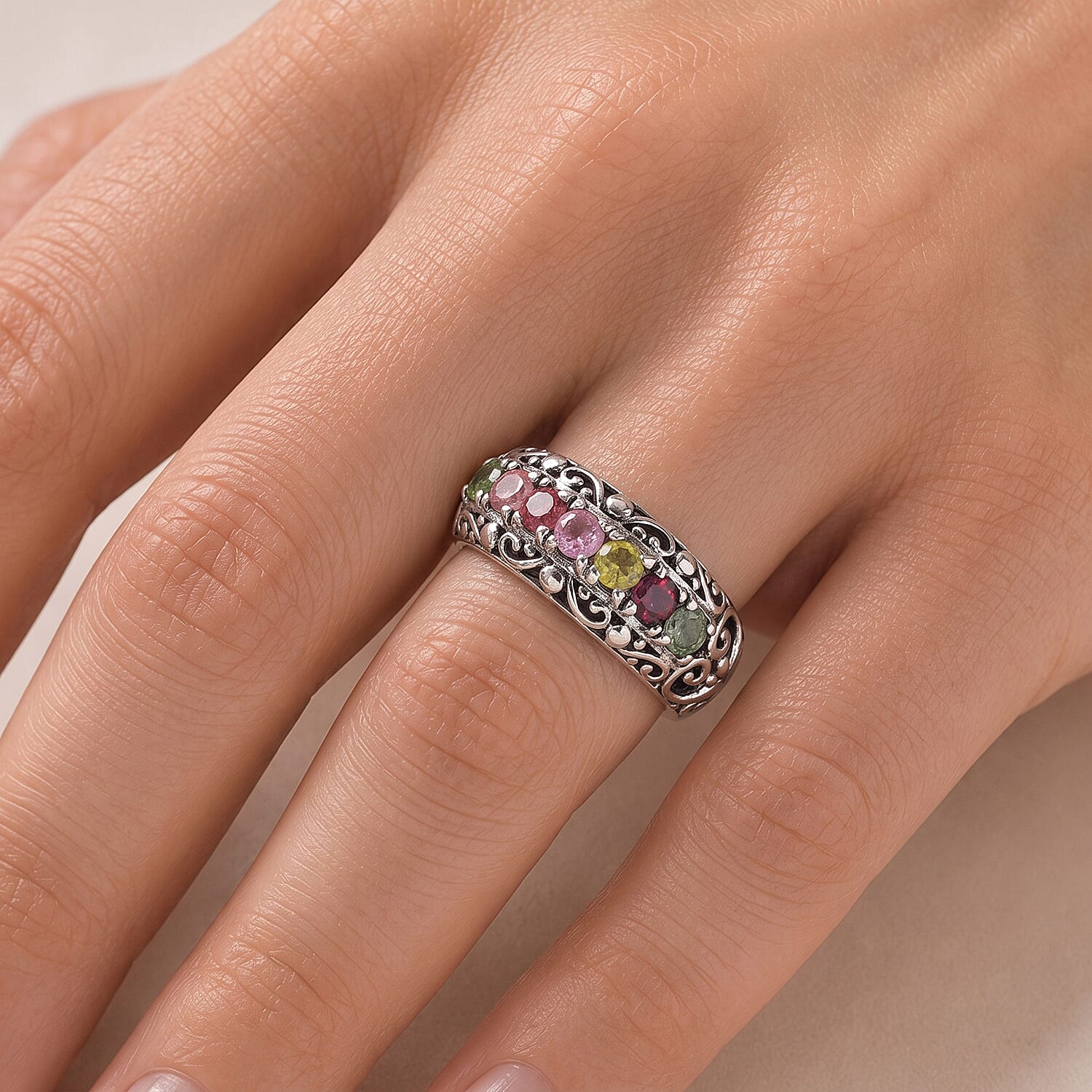 D'Joy Bali Legacy Multi-Tourmaline 1.25 ctw Rainbow Vine Band Ring in Sterling Silver (Size 5.0)