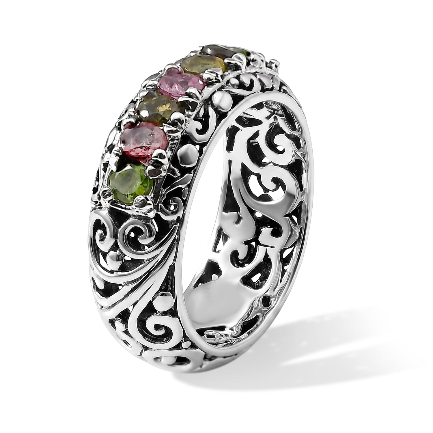D'Joy Bali Legacy Multi-Tourmaline 1.25 ctw Rainbow Vine Band Ring in Sterling Silver (Size 5.0)