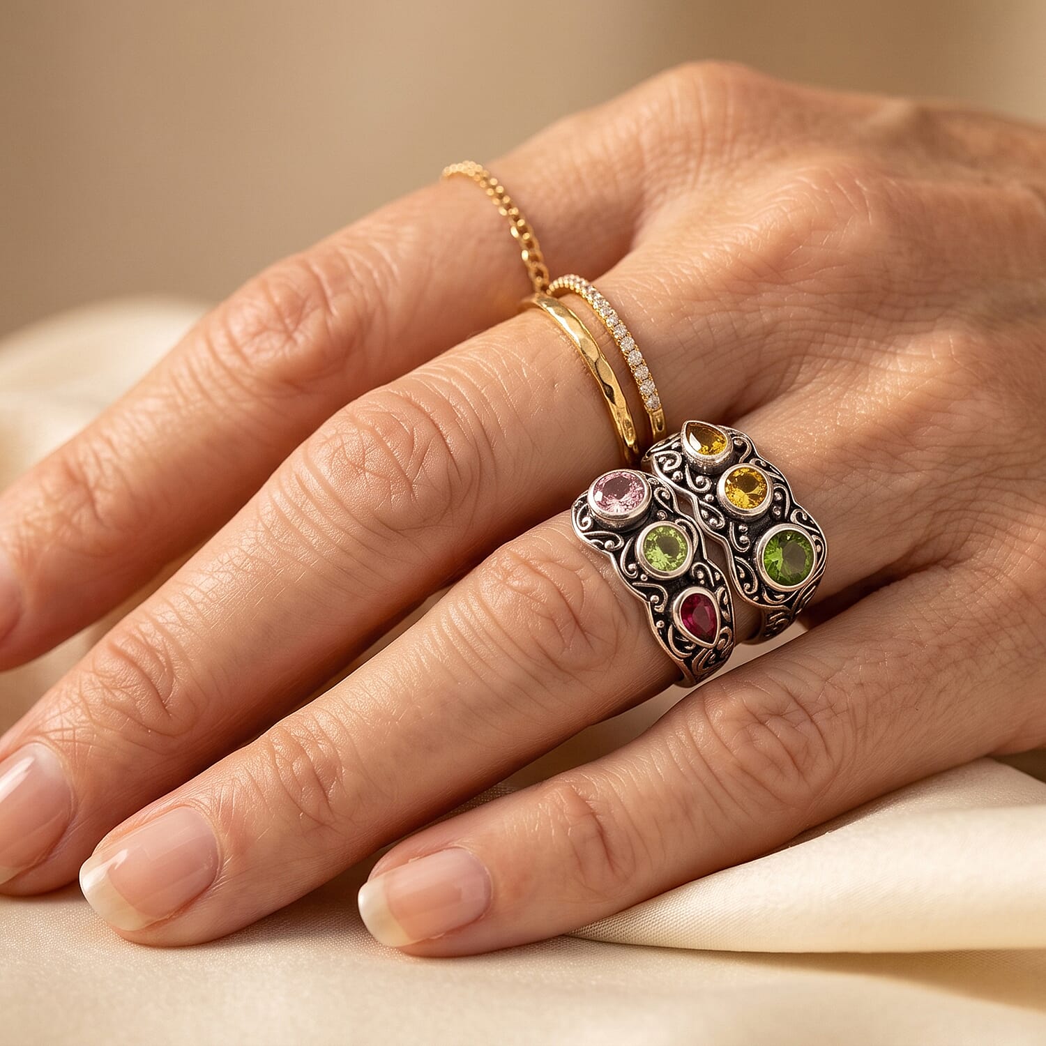 D'Joy Bali Legacy Multi-Tourmaline 1.85 ctw Dancing Petals Ring in Sterling Silver (Size 5.0)