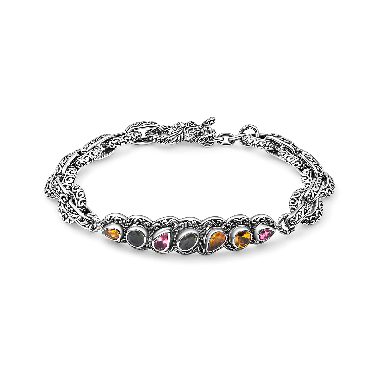 D'Joy Bali Legacy Multi-Tourmaline 2.50 ctw Garden of Jewels Dragon Bracelet in Sterling Silver (6.50 In)