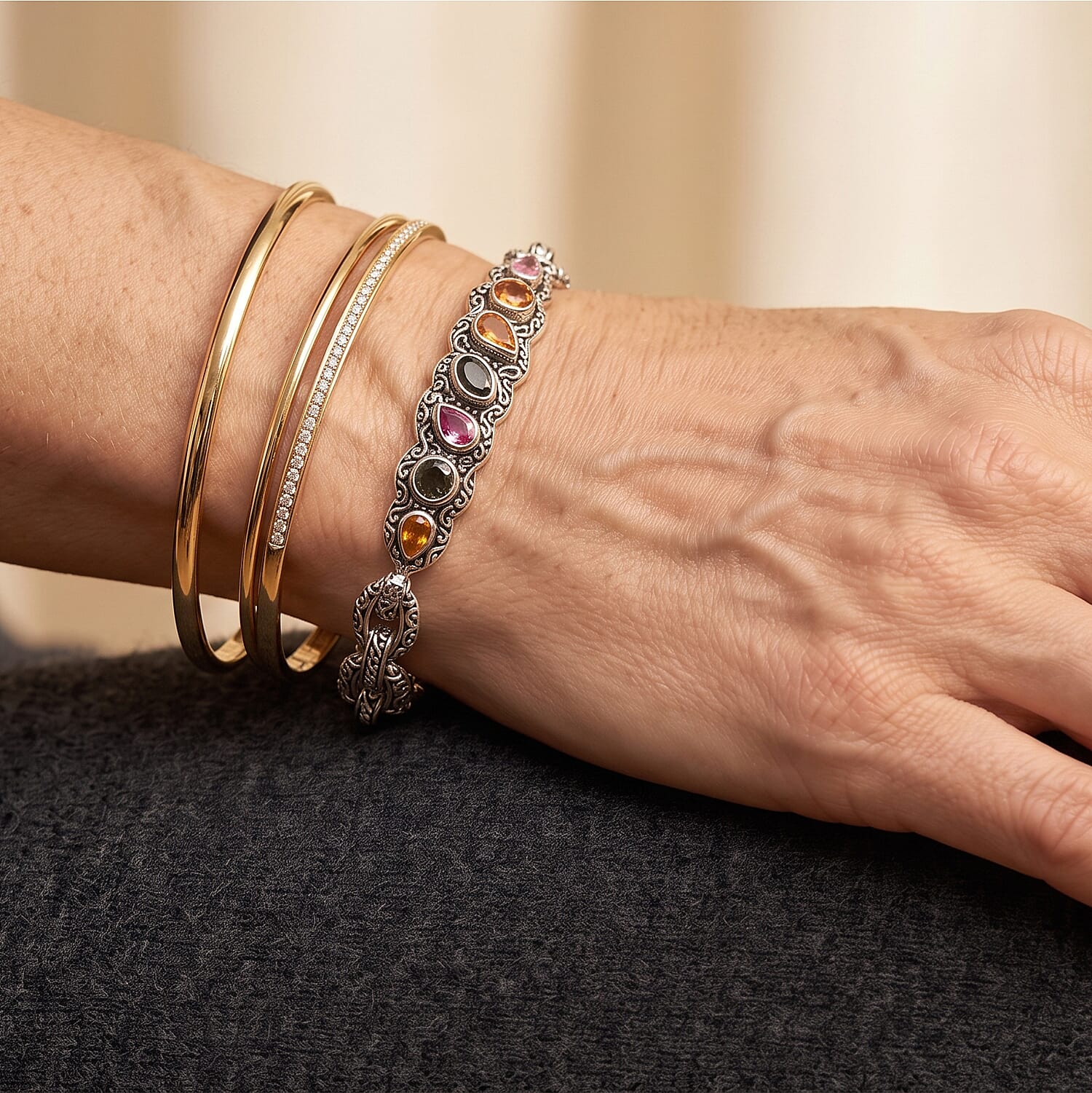 D'Joy Bali Legacy Multi-Tourmaline 2.50 ctw Garden of Jewels Dragon Bracelet in Sterling Silver (6.50 In)