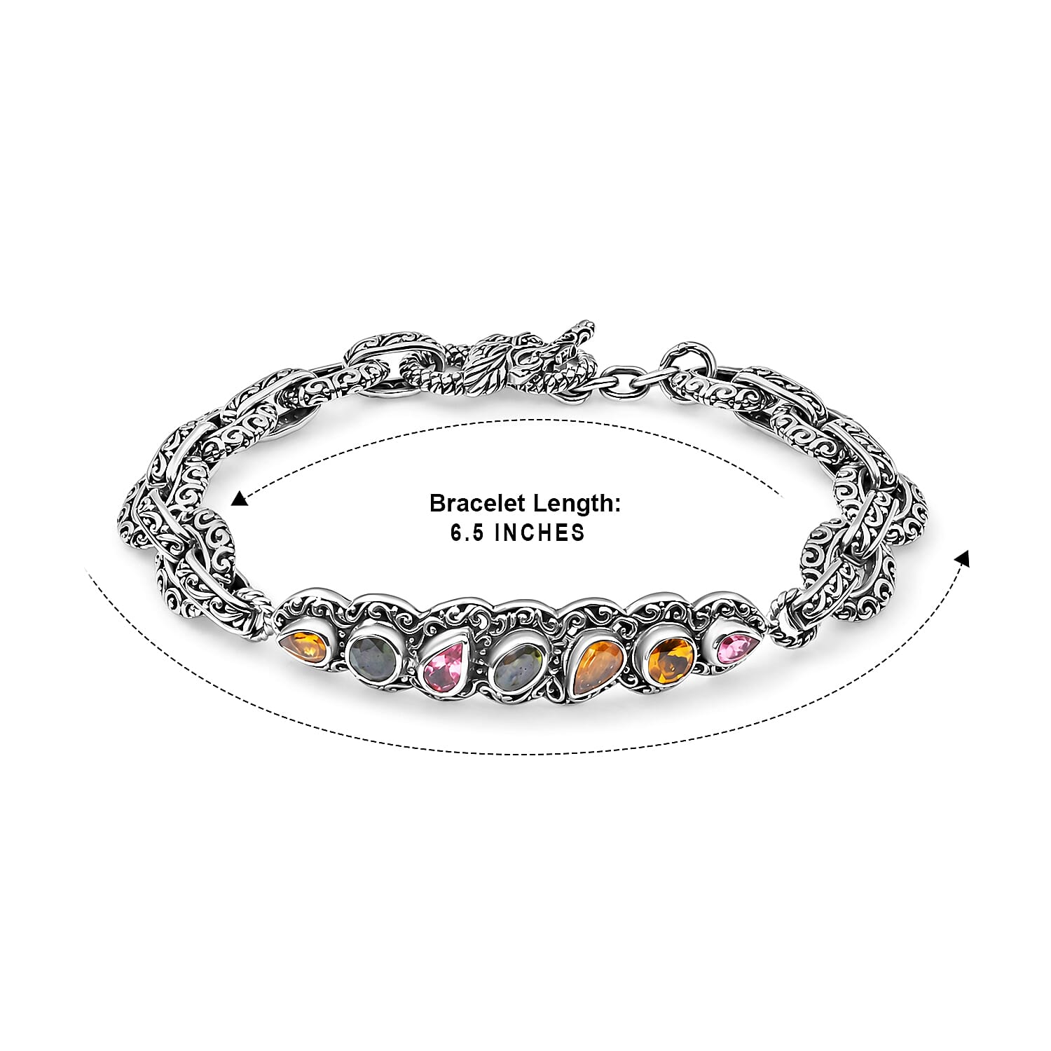 D'Joy Bali Legacy Multi-Tourmaline 2.50 ctw Garden of Jewels Dragon Bracelet in Sterling Silver (6.50 In)