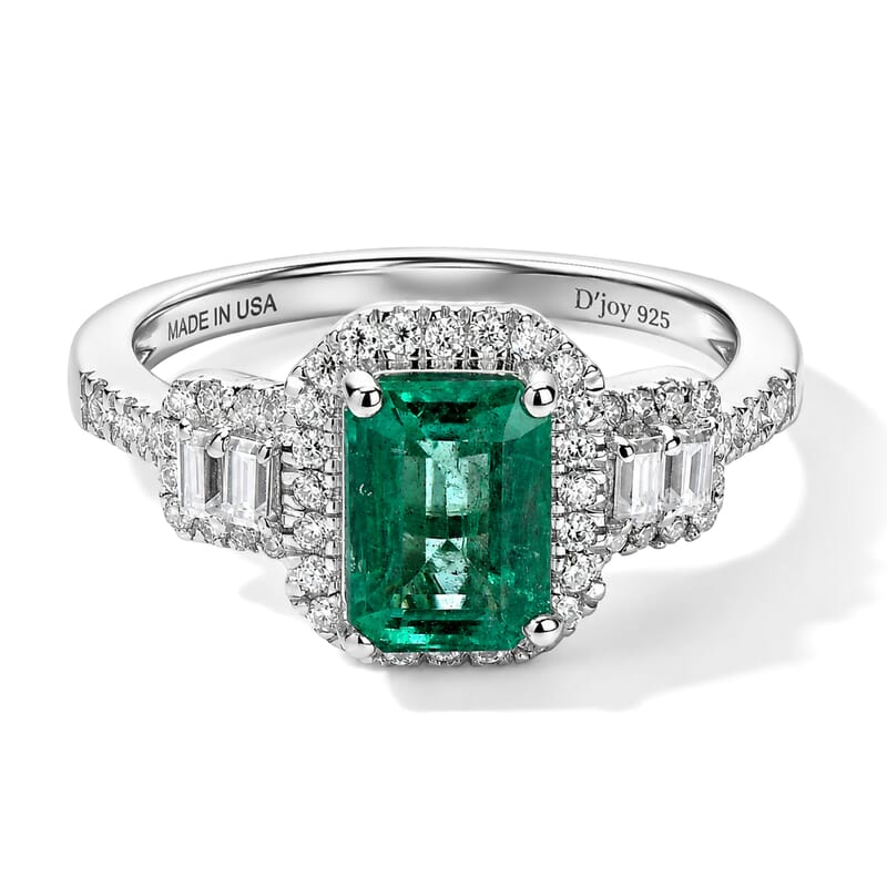 Doorbuster D'Joy Premium Kagem Zambian Emerald and Moissanite 2.00 ctw Geometric Majesty Ring in Rhodium Over Sterling Silver (Size 7.0)