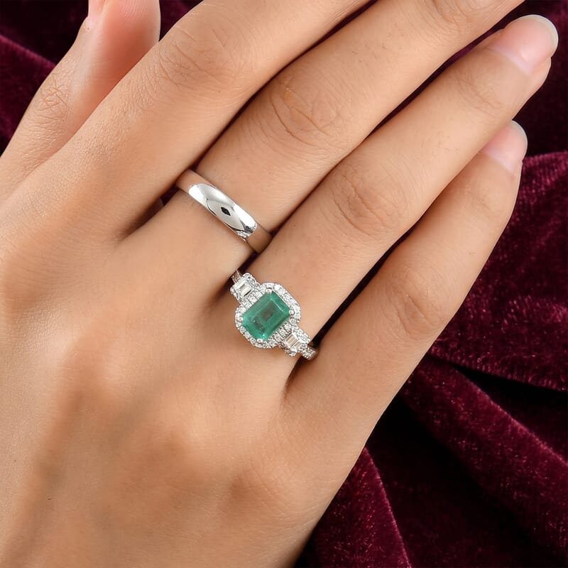Doorbuster D'Joy Premium Kagem Zambian Emerald and Moissanite 2.00 ctw Geometric Majesty Ring in Rhodium Over Sterling Silver (Size 7.0)