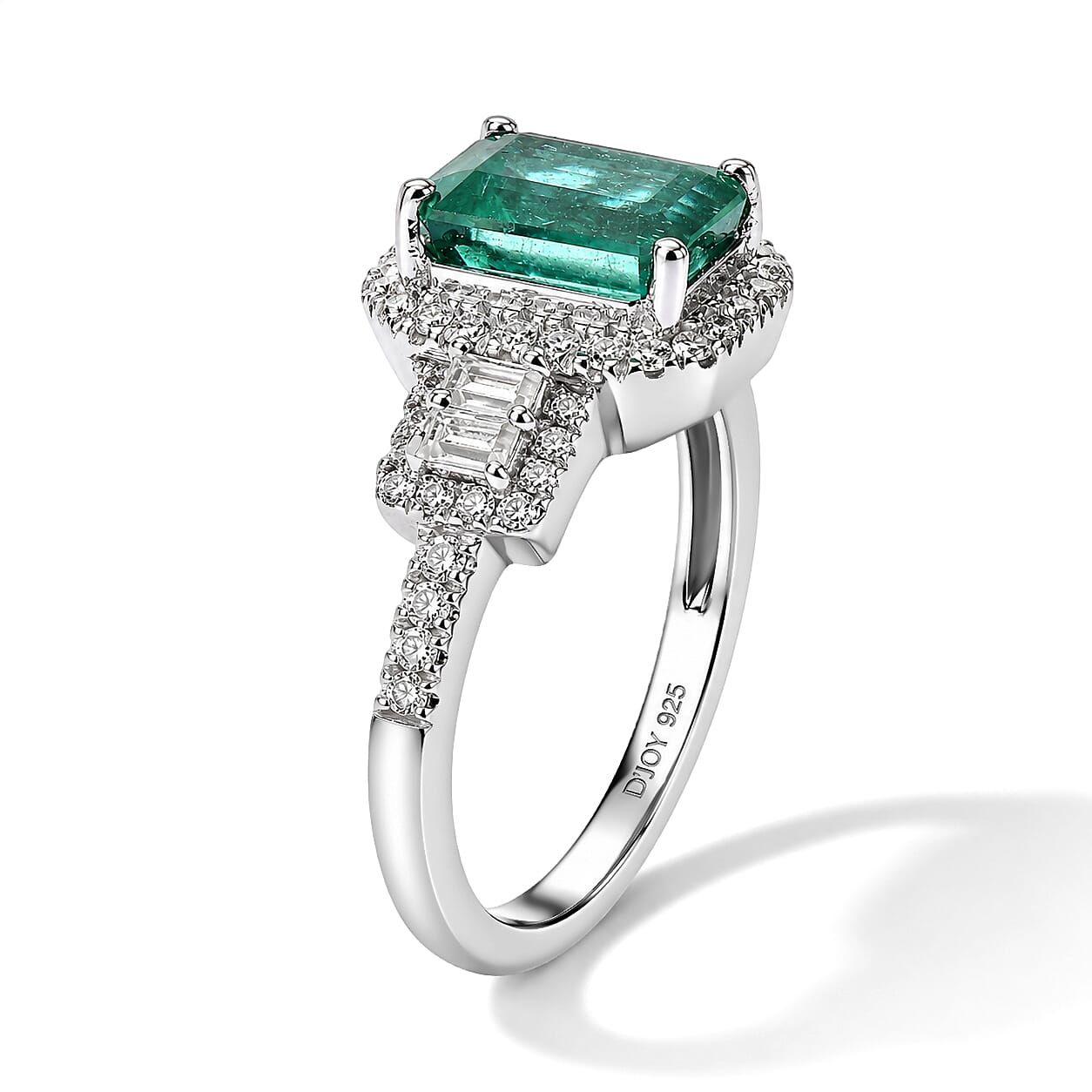 Doorbuster D'Joy Premium Kagem Zambian Emerald and Moissanite 2.00 ctw Geometric Majesty Ring in Rhodium Over Sterling Silver (Size 7.0)
